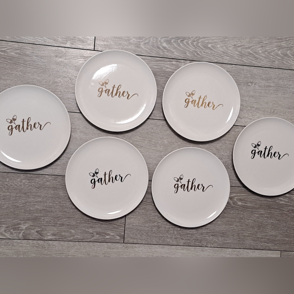 6 Fall Thanksgiving Themed 9inch Round White Ceramic Plate Set W/ Word GATHER